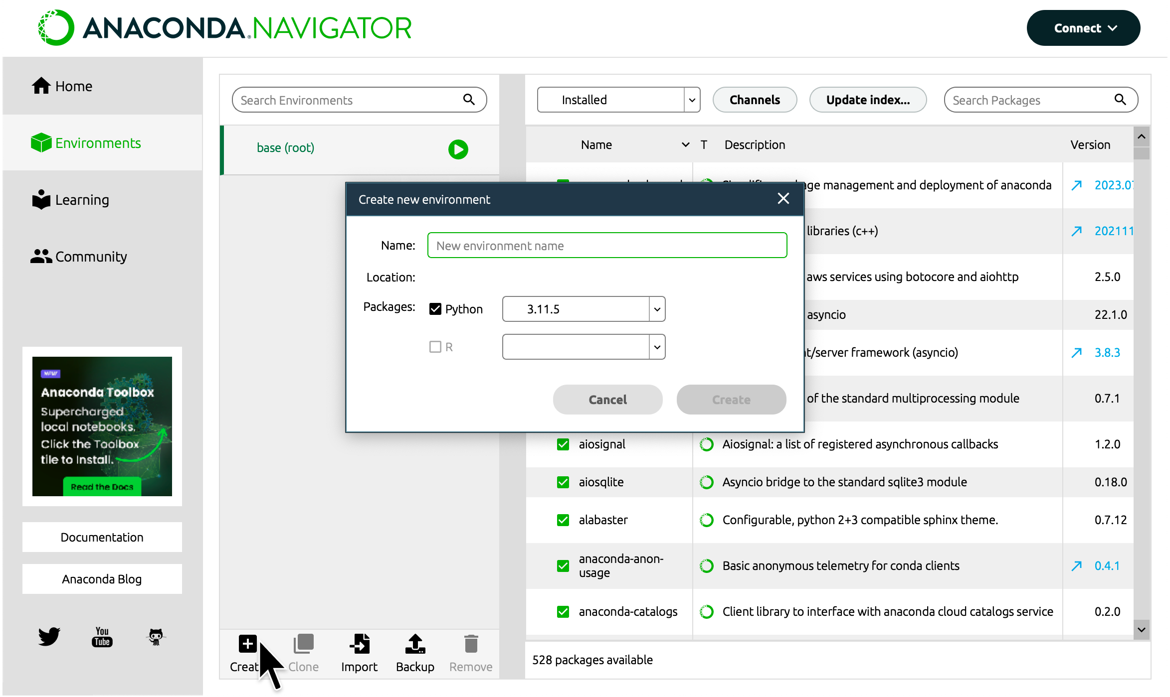 Click "Create" to open the Create new environment dialog