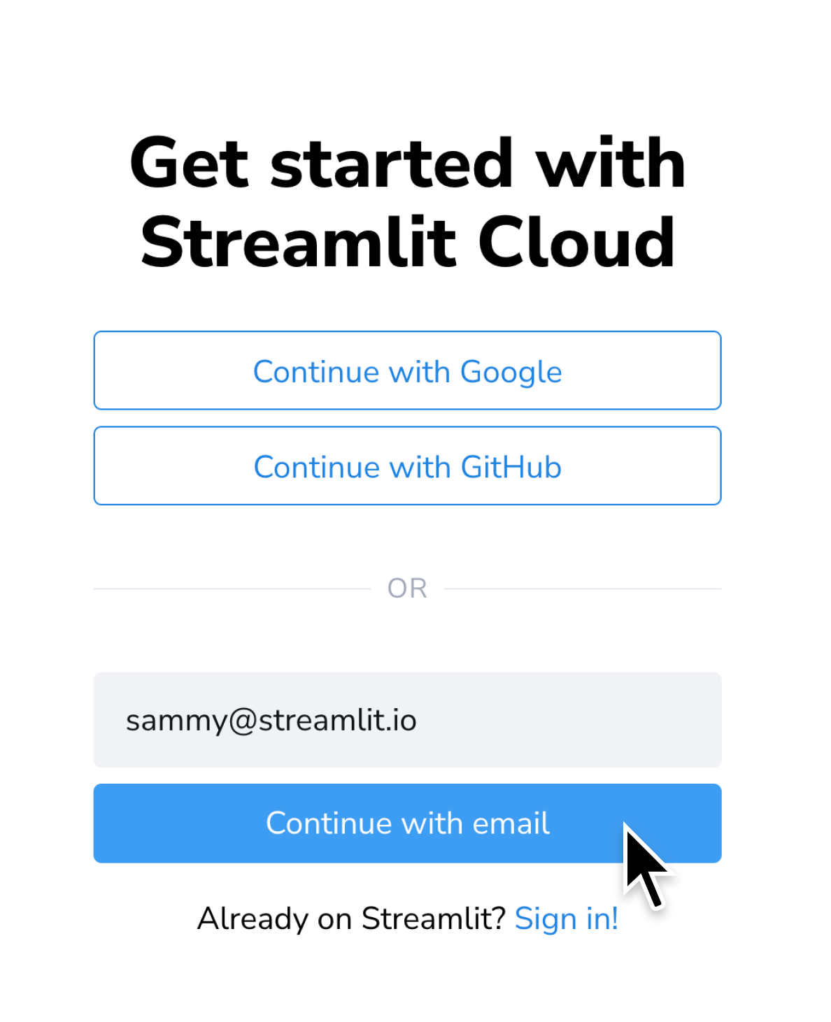 Sign up for Streamlit Community Cloud with email