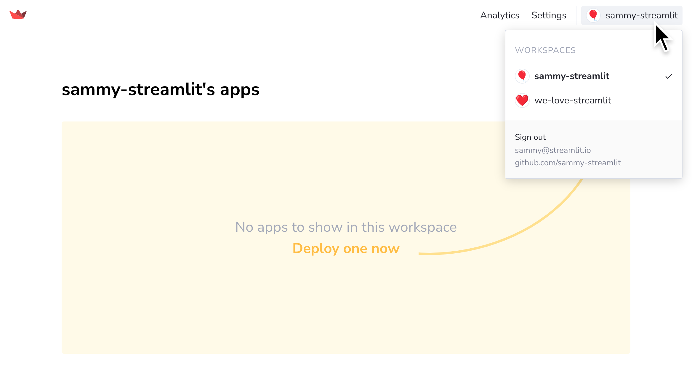 Switch between your Streamlit Community Cloud workspaces